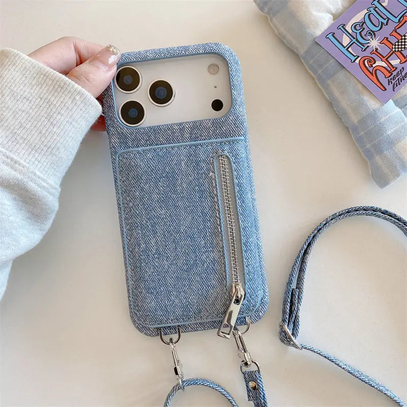 Fabric iPhone Case With Card Holder & Mirror And Strap Blue-BC25028 Burycase