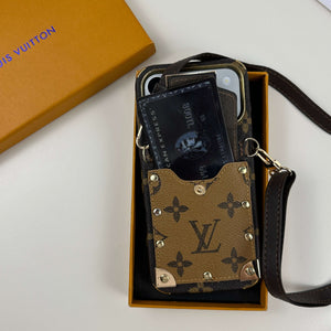 Elegant Leather Monogram iPhone Case With Wallet And Crossbody Strap For iPhone 17 Series Black-CYLV129