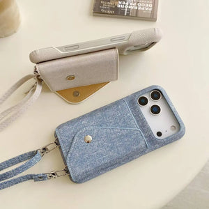 Fabric iPhone Case With Card Holder And Strap Blue-BC25029 Burycase