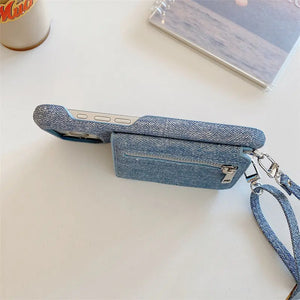 Fabric iPhone Case With Card Holder & Mirror And Strap Blue-BC25028 Burycase