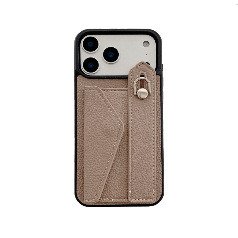 Leather iPhone Case with Wrist Strap and Card Holder Brown– BC25018