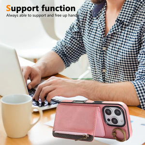 Leather iPhone Cases With Card Holder And Wrist Strap Pink-BC25041 Burycase