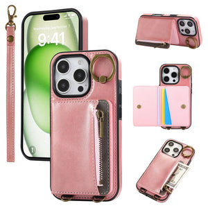 Leather iPhone Cases With Card Holder And Wrist Strap Pink-BC25041 Burycase