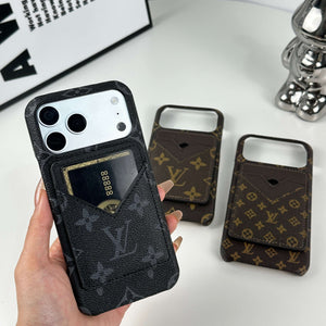 Elegant Leather Monogram iPhone Case With Magnetic Card Holder Black Printing For iPhone 17 Series-CYLV067