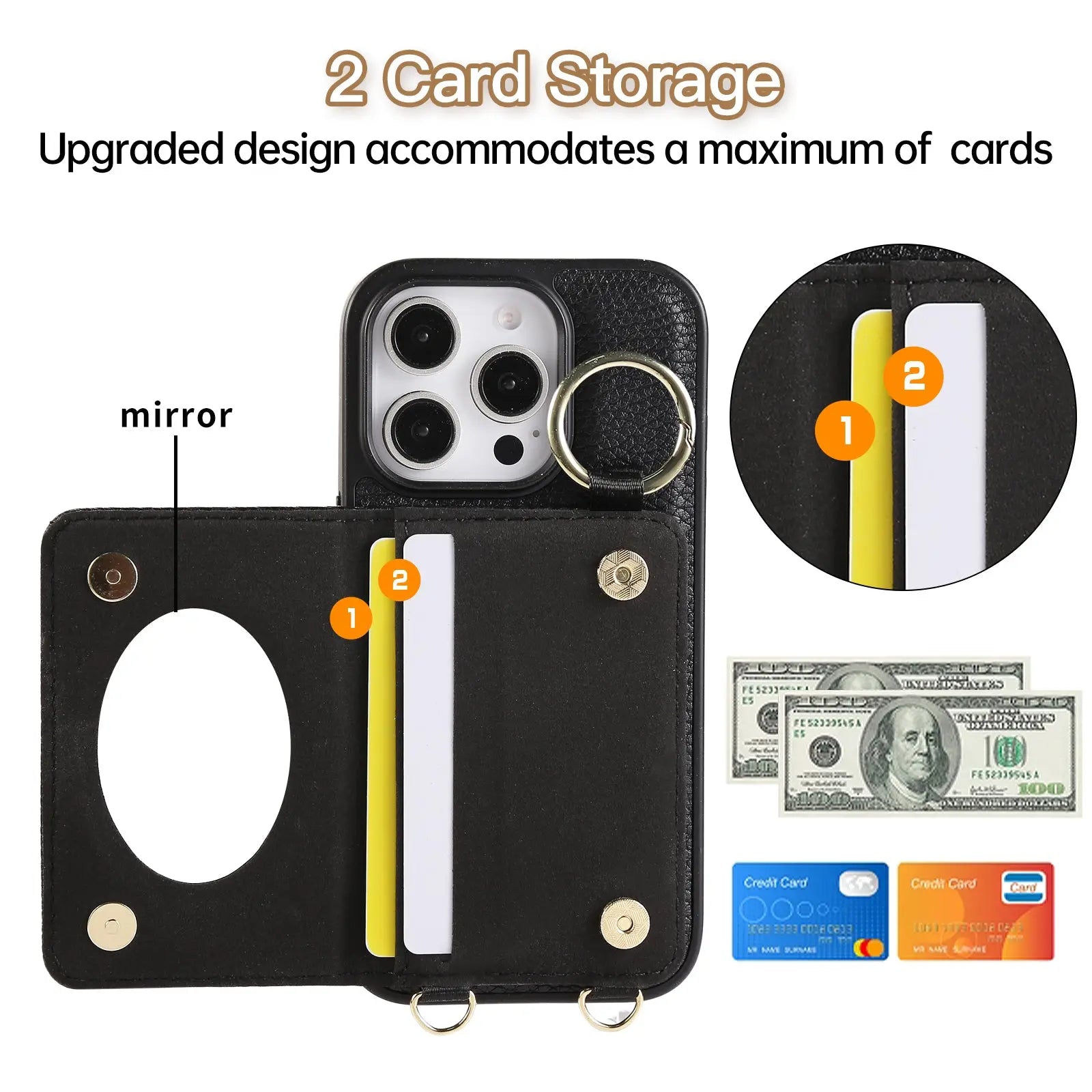 Leather iPhone Cases With Card Holder & Mirror And Strap Black-BC25033 Burycase