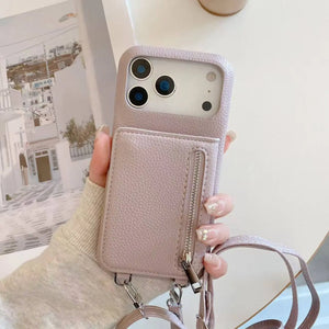 Leather iPhone Case With Mirror & Strap And Card Holder Purlple-BC25026 Burycase
