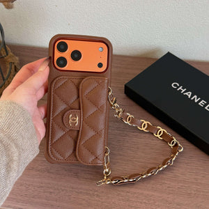 Textured Leather CC iPhone Case With Wallet And Wrist Strap Brown For iPhone 17 Series-CYCC045
