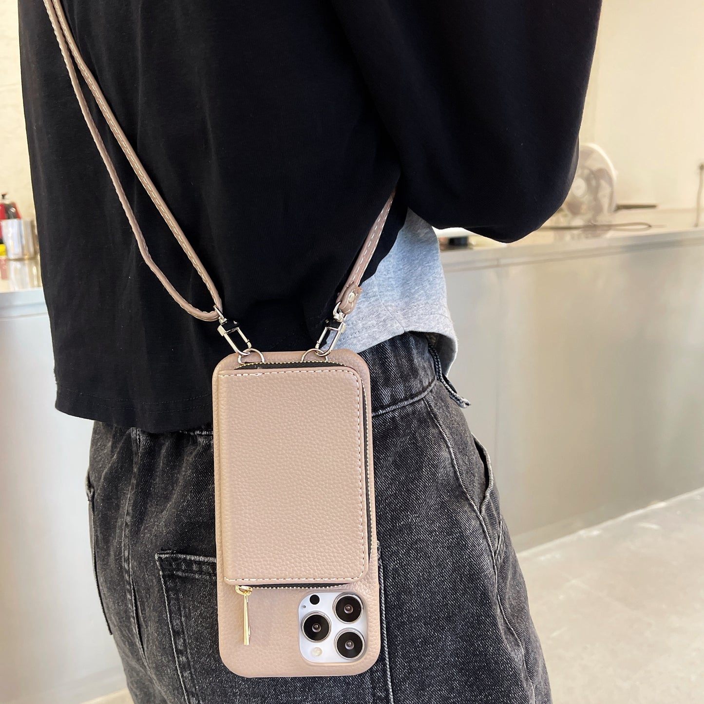 Classic Phone Case With Zip Wallet And Strap For iPhone Coffee-JDK241031