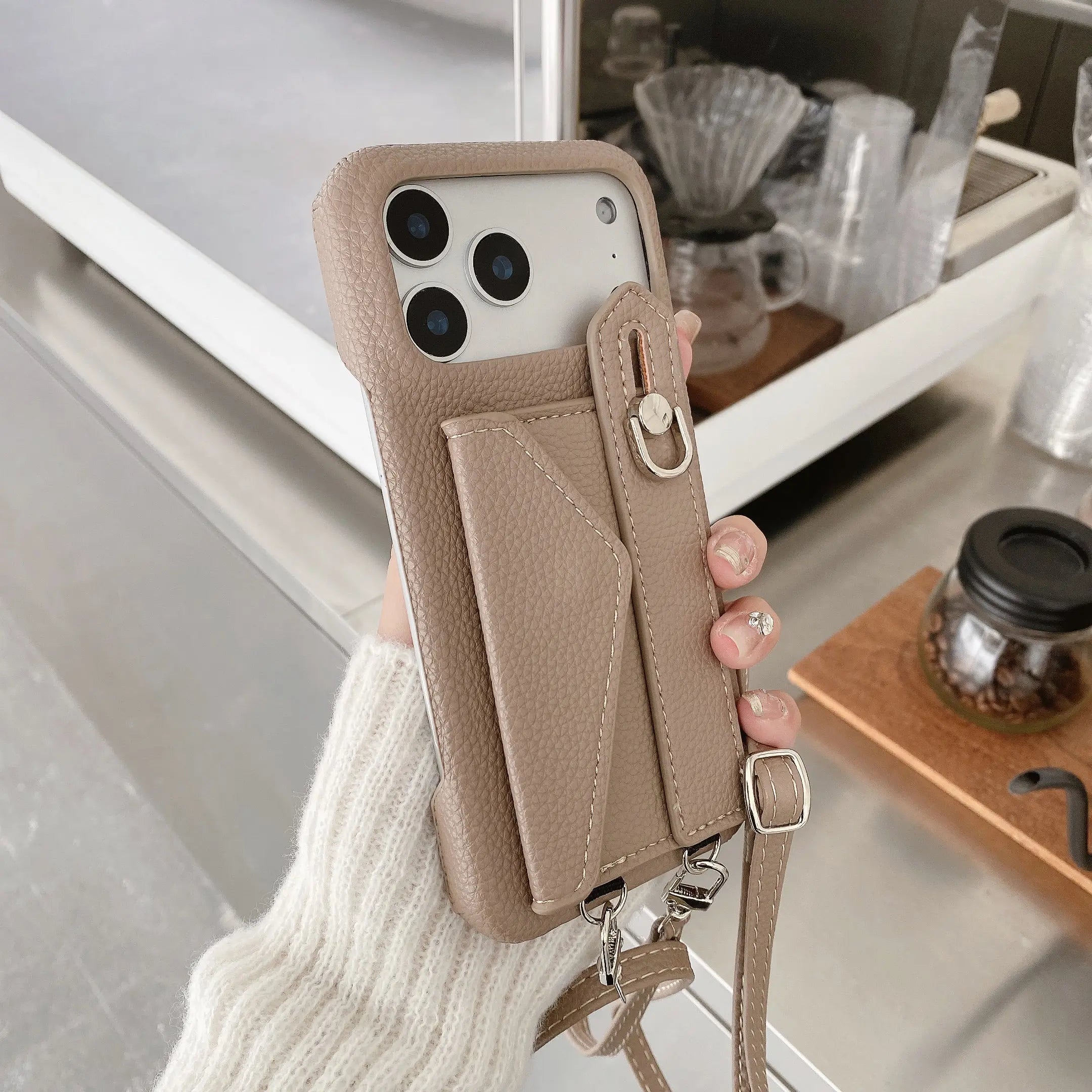 Leather iPhone Case with Card Holder And Strap Brown-BC25016 Burycase