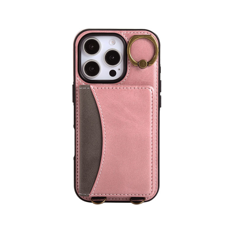 Leather iPhone Cases With Card Holder And Wrist Strap Black-BC25044