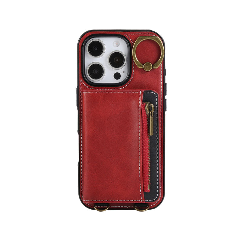 Leather iPhone Cases With Card Holder And Wrist Strap Pink-BC25041