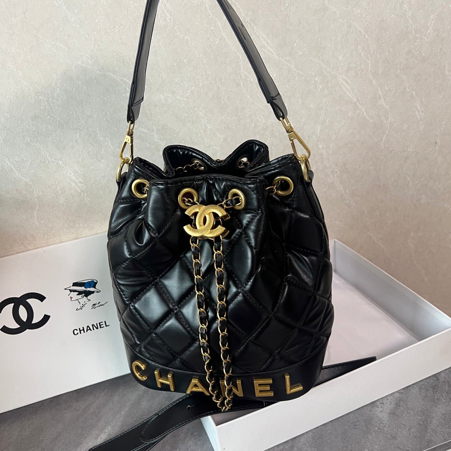 Black Leather CC Bucket Handbag