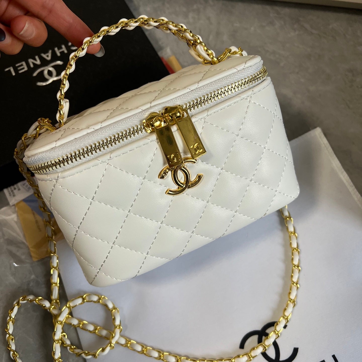 White Leather CC Quilted Cosmetic Bag
