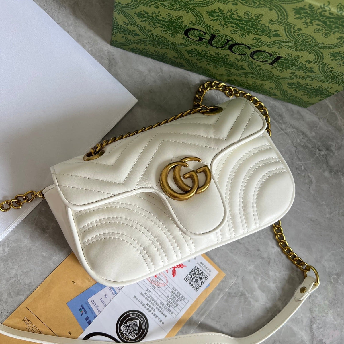 White Leather GG Quilted Chain Bag