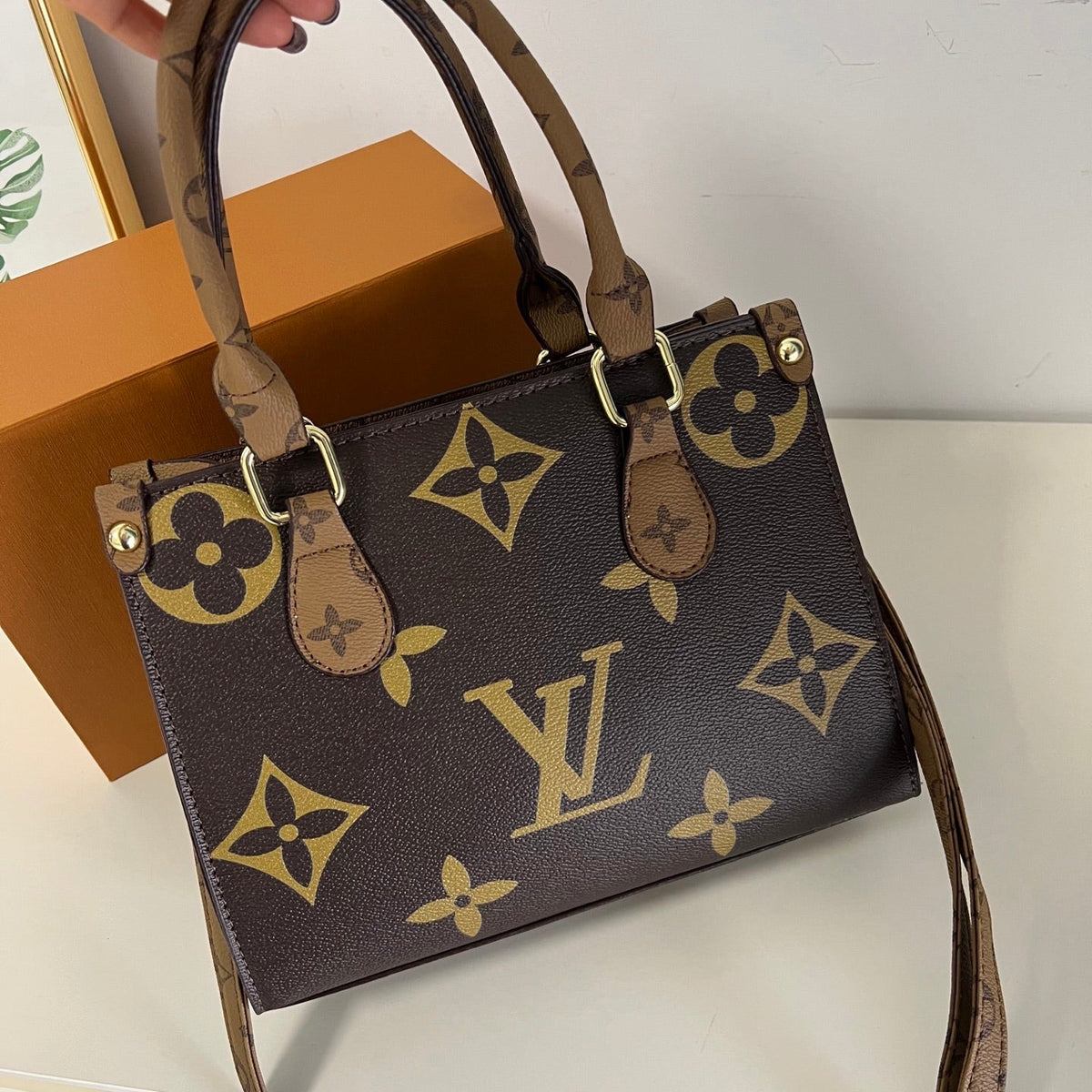 Brown Leather Monogram Crossbody Bag