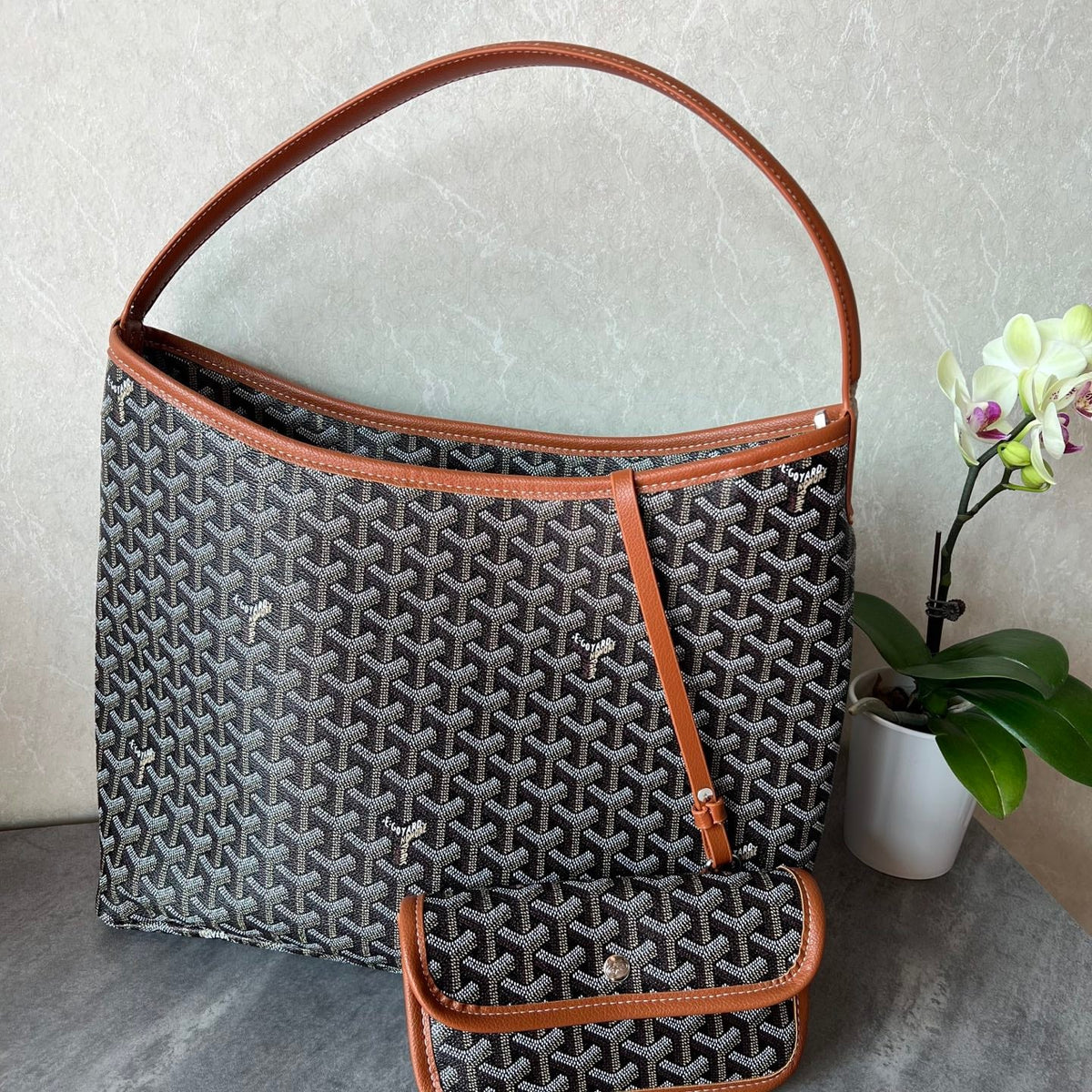 Brown Leather Trim Tote Bag with Mini Pouch