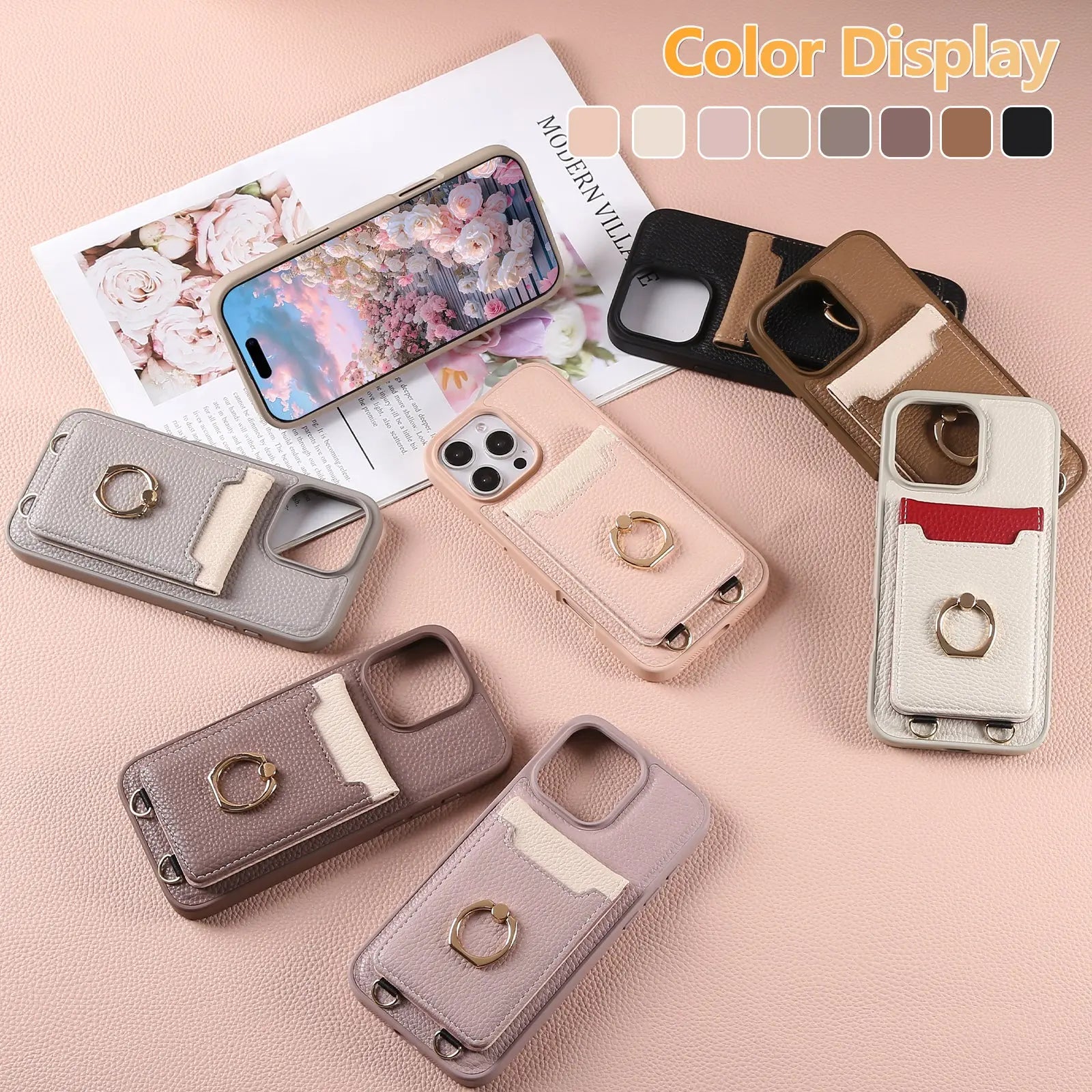 Leather iPhone Cases With Card Holder And Strap（With Stand）Pink-BC25039 Burycase