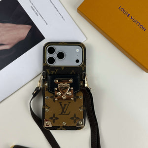 Elegant Leather Monogram iPhone Case With Wallet And Crossbody Strap For iPhone 17 Series Black-CYLV129