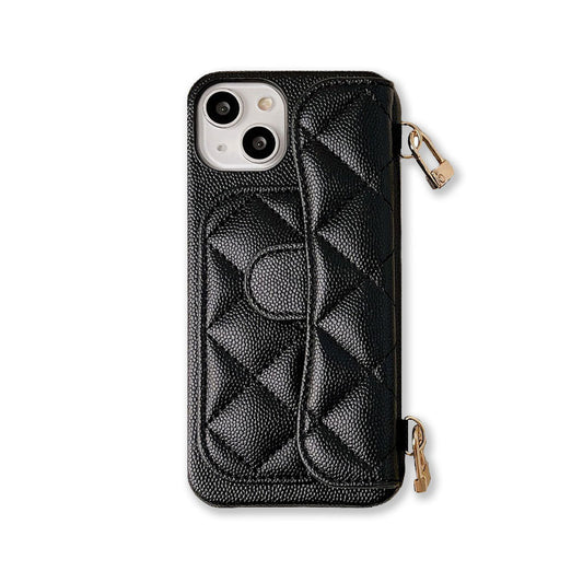 Diamond Pattern Leather Phone Case with Card Holder And Crossbody Strap For iPhone Black-LXK241813