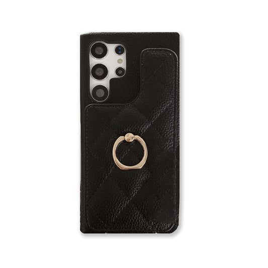 Leather Phone Case With Card Holder And Strap For Samsung Black-ZJK241617