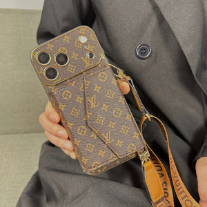Elegant Leather Monogram iPhone Case With Wallet And Crossbody Strap For iPhone 17 Series-CYLV133