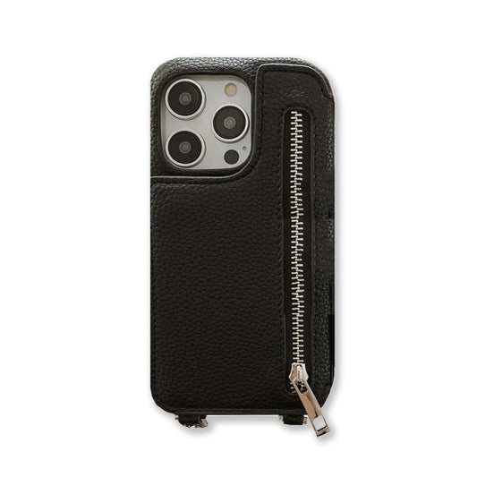 Leather Phone Case With Zip Wallet And Strap For iPhone Black-LLB241230