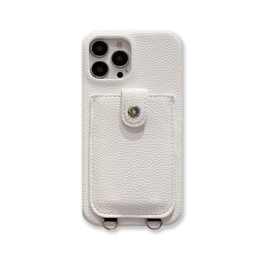 Leather Phone Case With Card Holder And Strap For iPhone White-CKK241157