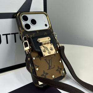 Elegant Leather Monogram iPhone Case With Wallet And Crossbody Strap For iPhone 17 Series Black-CYLV129