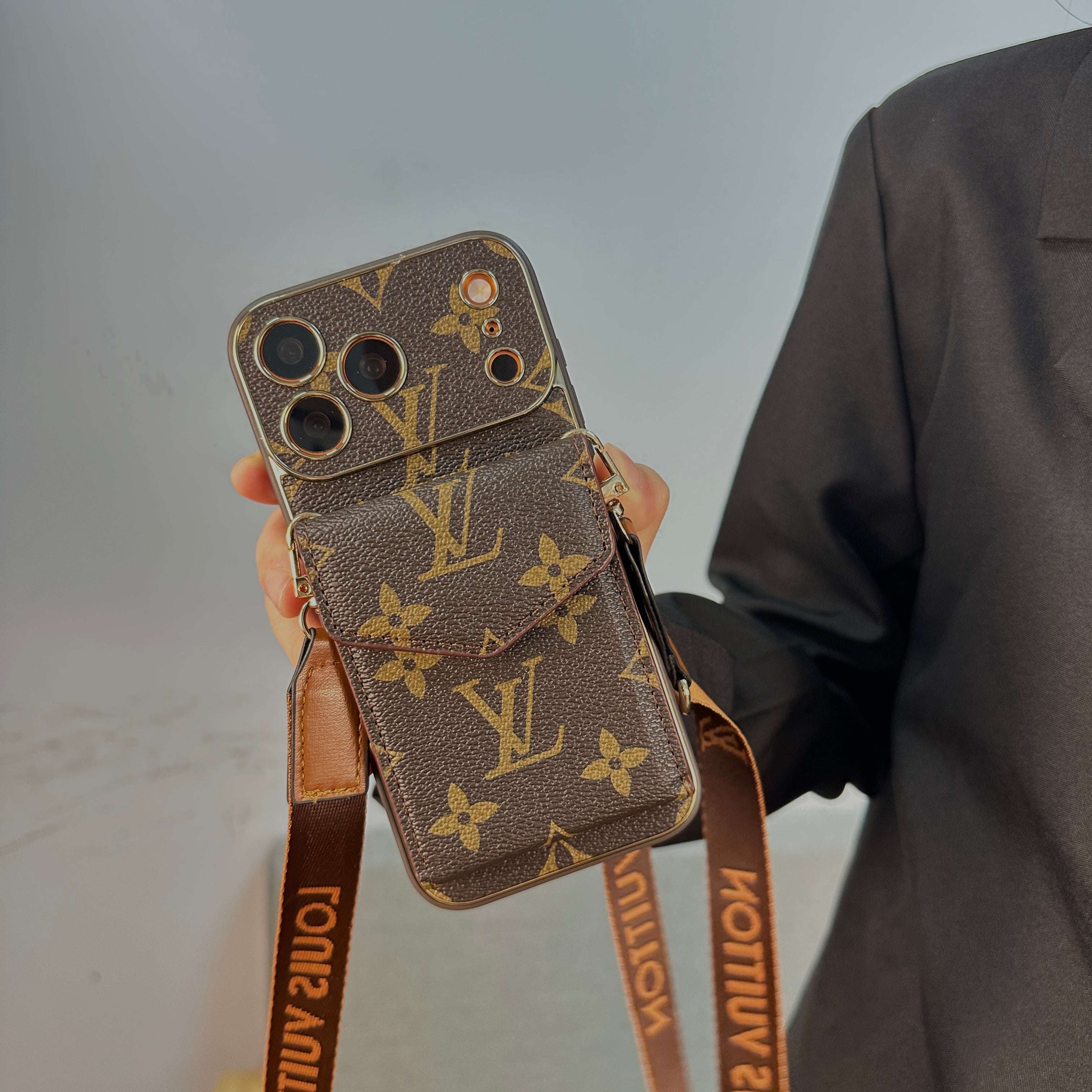 Classic Leather Monogram iPhone Case With Wallet And Crossbody Strap For iPhone 17 Series-CYLV127