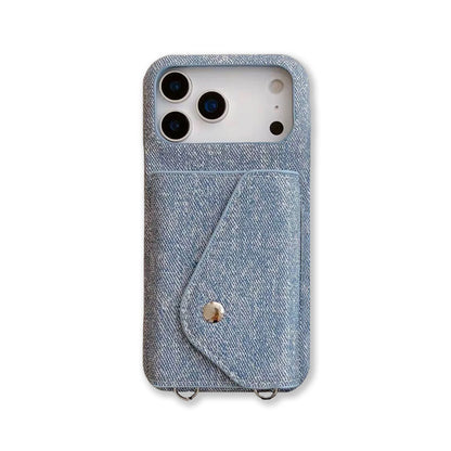 Fabric iPhone Case With Card Holder And Strap Blue-BC25029