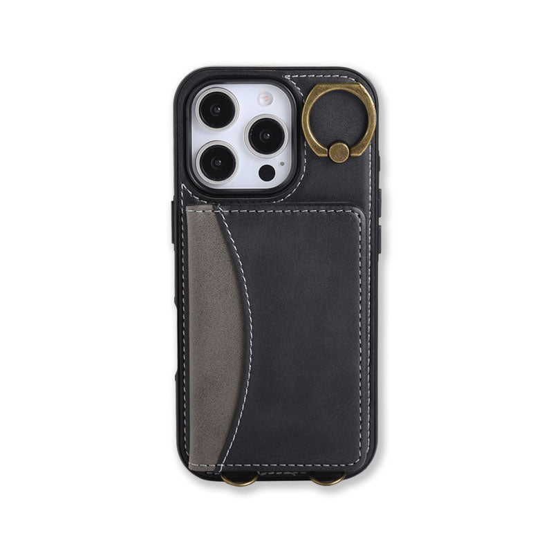 Leather iPhone Cases With Card Holder And  Wrist Strap Black-BC25044