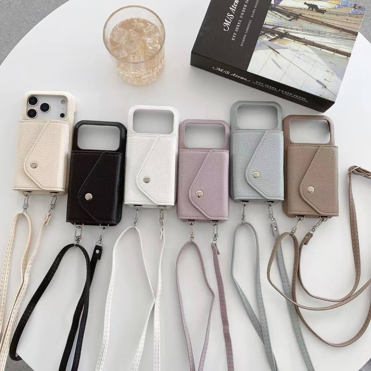 Leather iPhone Case With Card Holder And Strap Black-BC25025