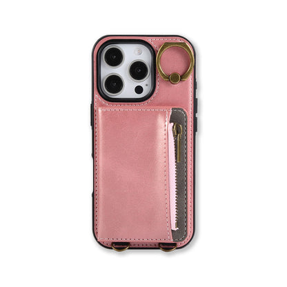 Leather iPhone Cases With Card Holder And  Wrist Strap Pink-BC25041