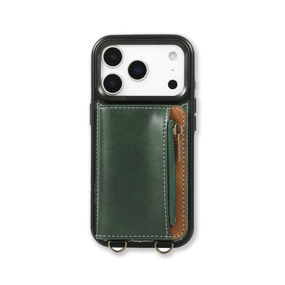 Leather iPhone Cases With Card Holder And  Wrist Strap Green-BC25040