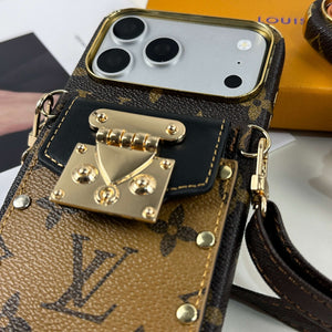 Elegant Leather Monogram iPhone Case With Wallet And Crossbody Strap For iPhone 17 Series Black-CYLV129