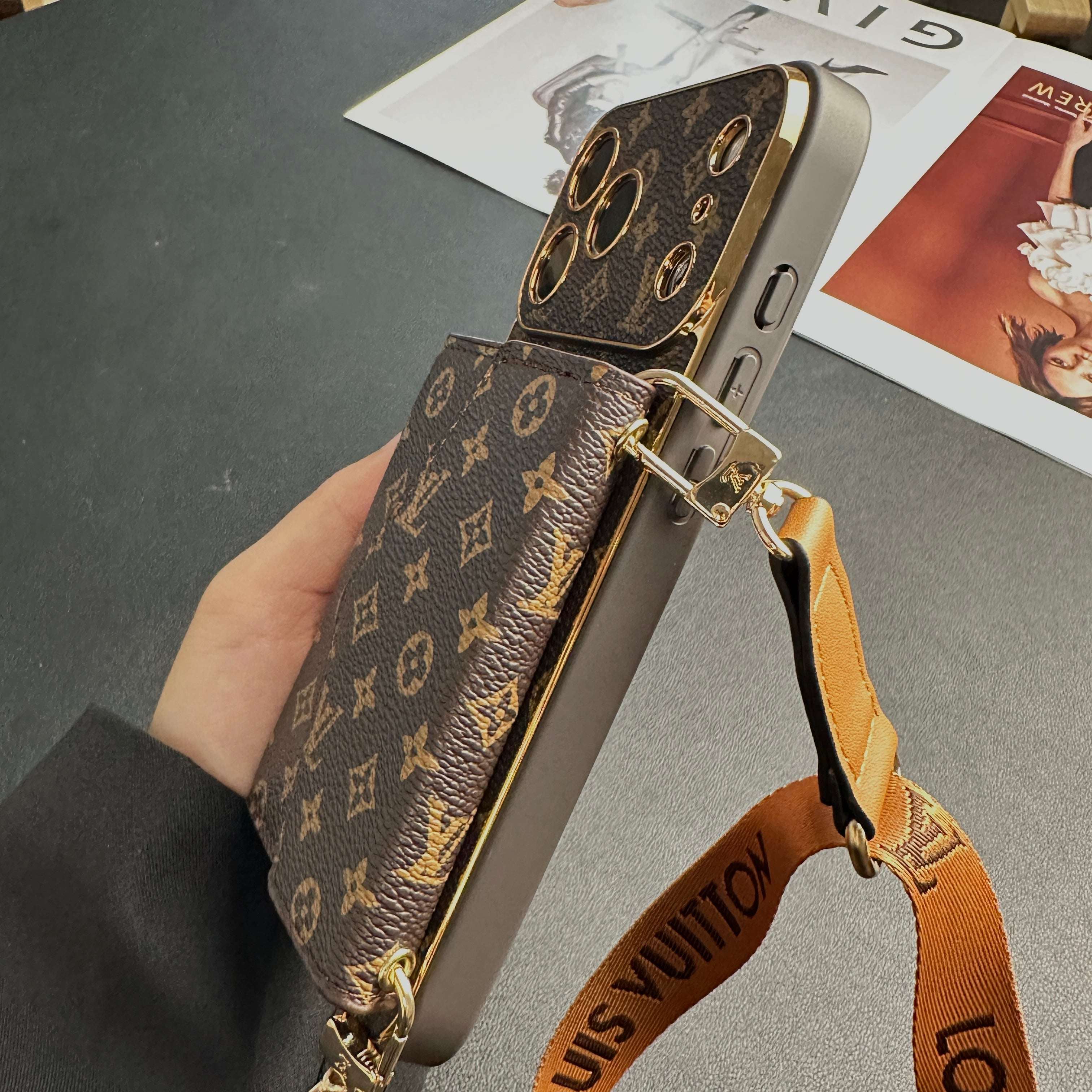 Elegant Leather Monogram iPhone Case With Wallet And Crossbody Strap For iPhone 17 Series-CYLV133