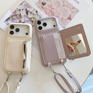 Leather iPhone Case With Mirror & Strap And Card Holder Purlple-BC25026 Burycase