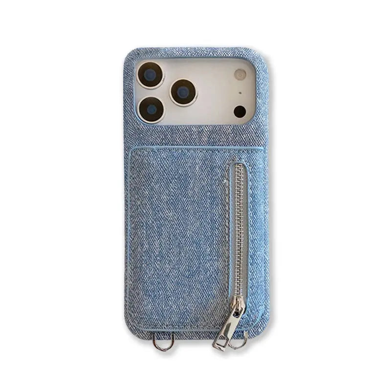 Fabric iPhone Case With Card Holder & Mirror And Strap Blue-BC25028 Burycase