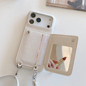 Fabric iPhone Case With Card Holder & Mirror And Strap Blue-BC25028 Burycase