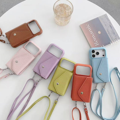 Leather iPhone Case With Card Holder And Strap Black-BC25025