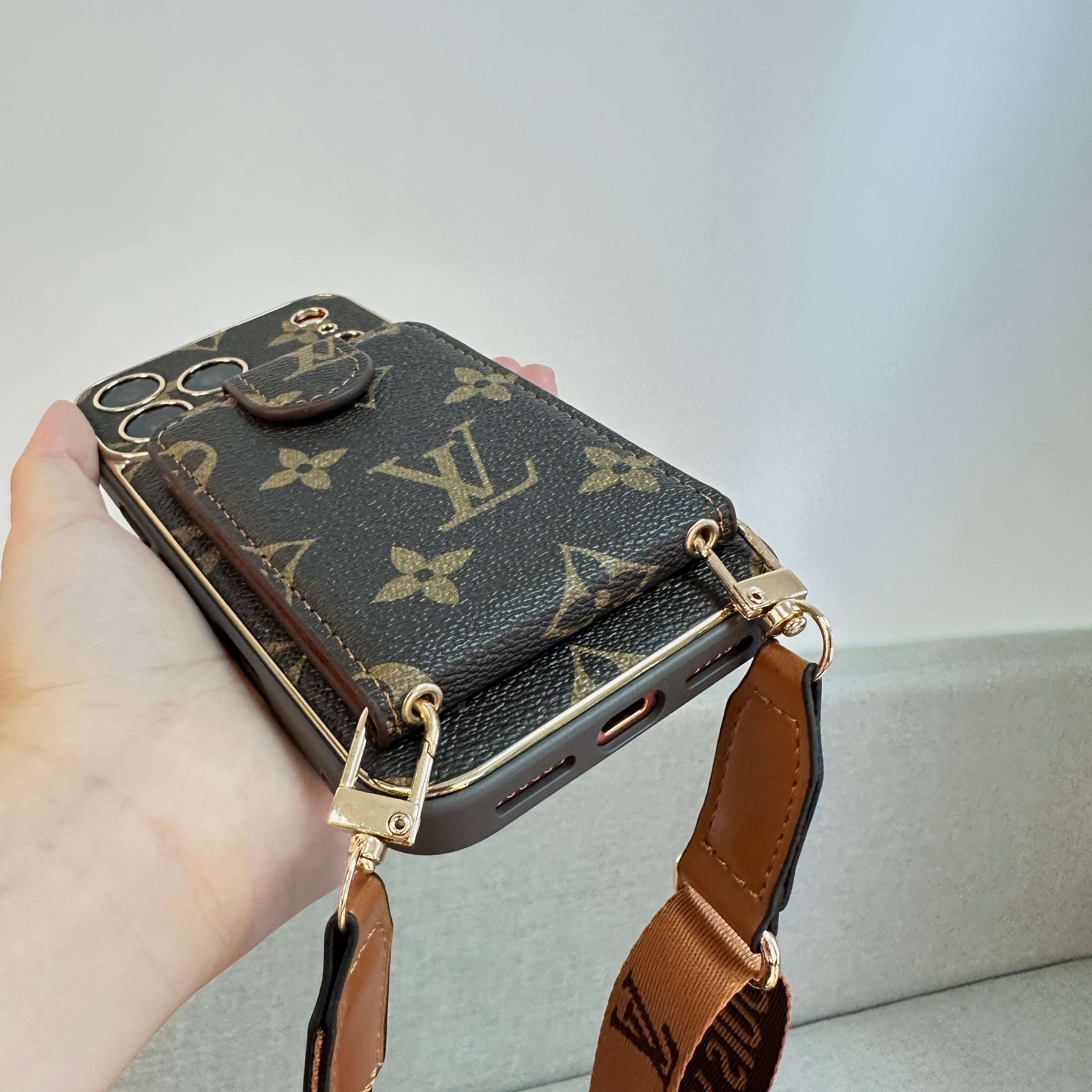 Luxury Leather Monogram iPhone Case With Wallet And Crossbody Strap For iPhone 17 Series-CYLV125