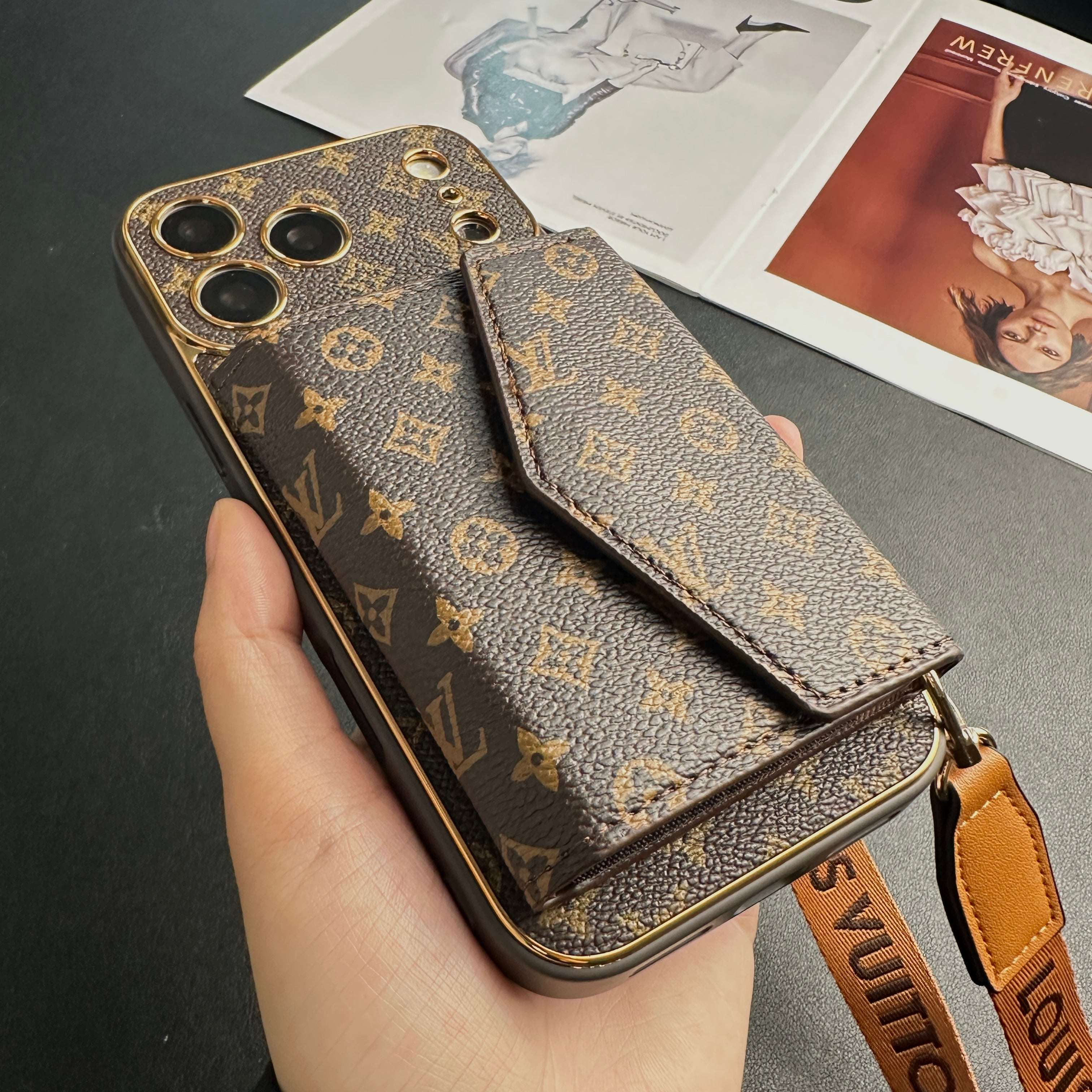 Elegant Leather Monogram iPhone Case With Wallet And Crossbody Strap For iPhone 17 Series-CYLV133