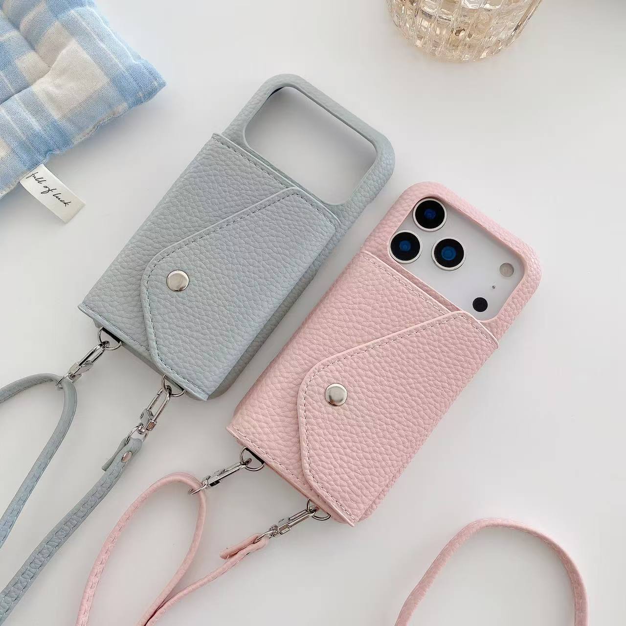 Leather iPhone Case With Card Holder And Strap Black-BC25025