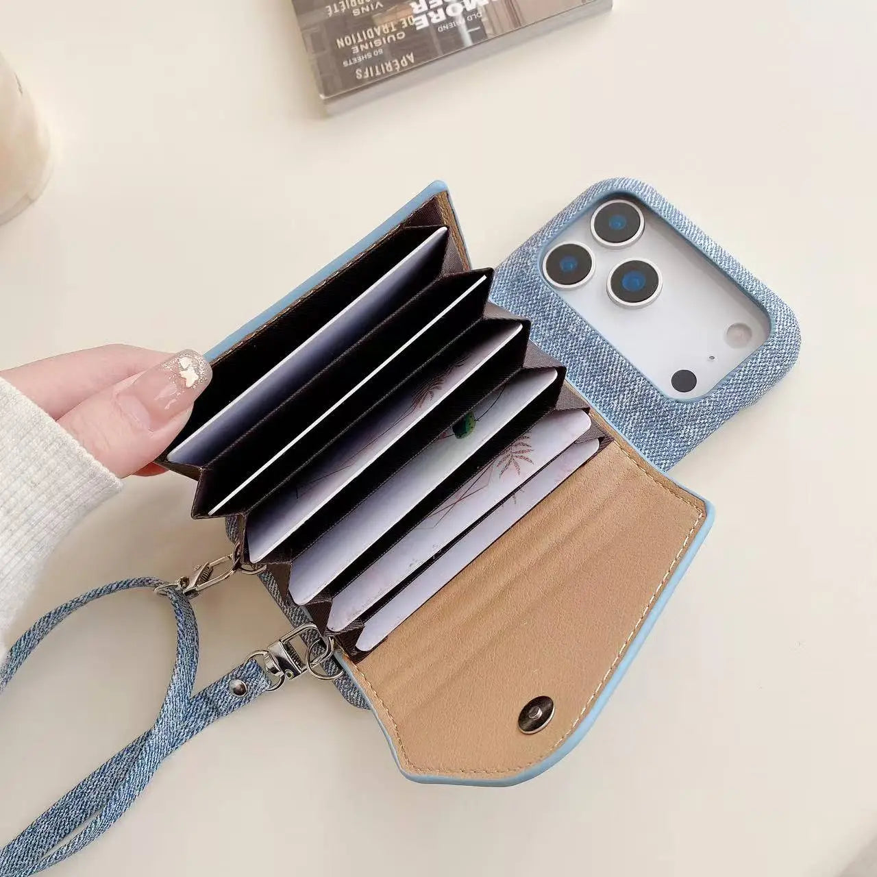 Fabric iPhone Case With Card Holder And Strap Blue-BC25029 Burycase