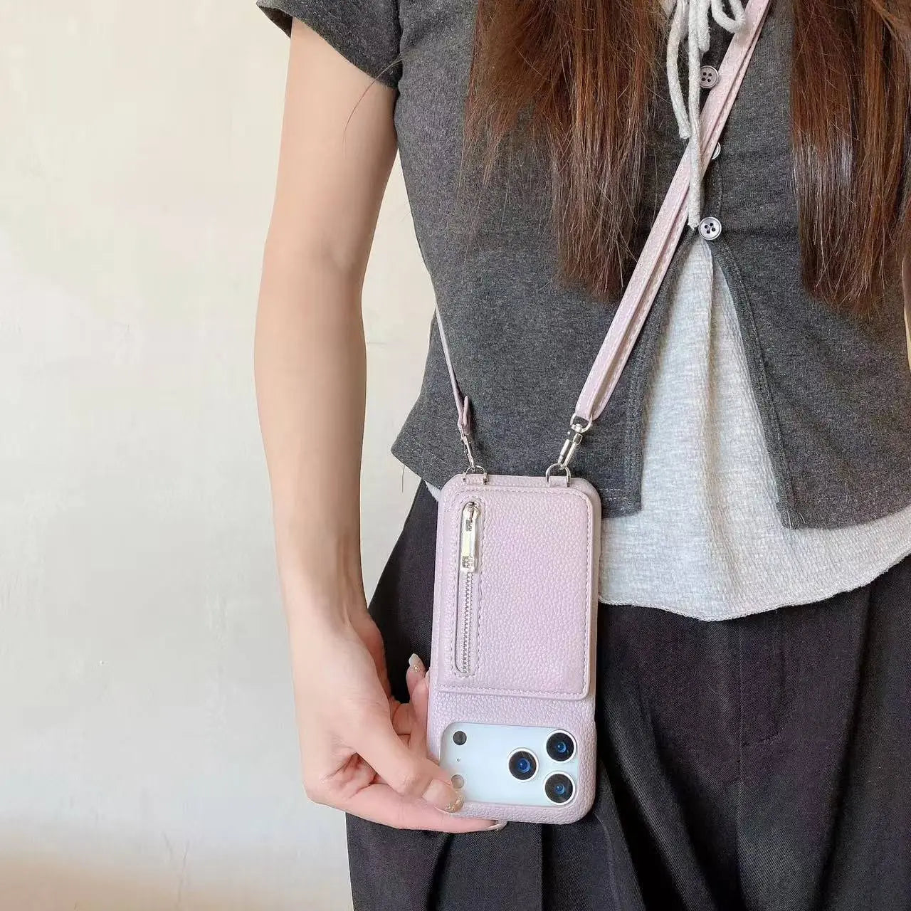 Leather iPhone Case With Mirror & Strap And Card Holder Purlple-BC25026 Burycase