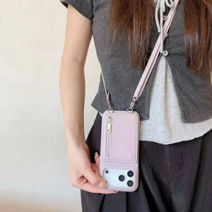 Leather iPhone Case With Mirror & Strap And Card Holder Purlple-BC25026 Burycase