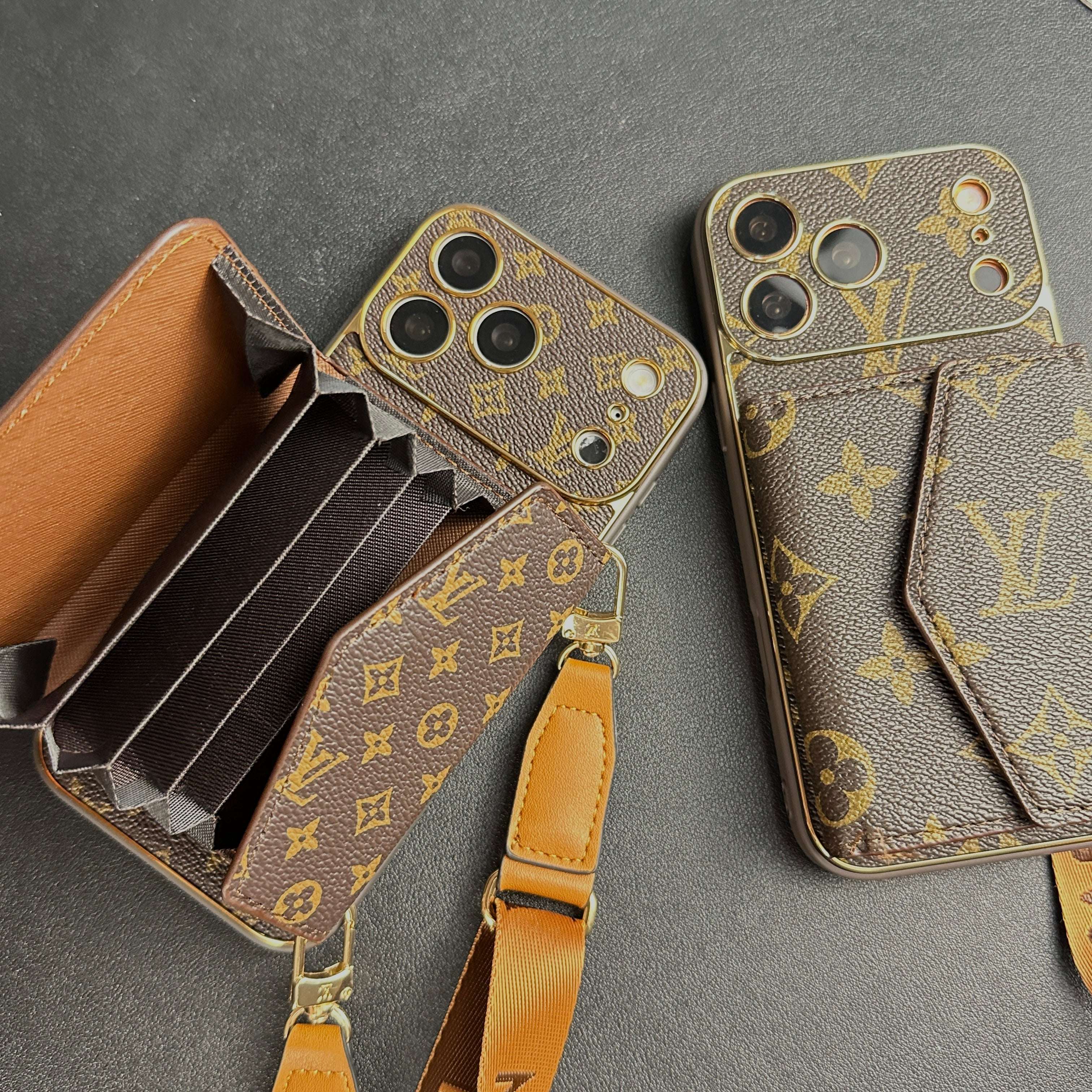 Elegant Leather Monogram iPhone Case With Wallet And Crossbody Strap For iPhone 17 Series-CYLV133