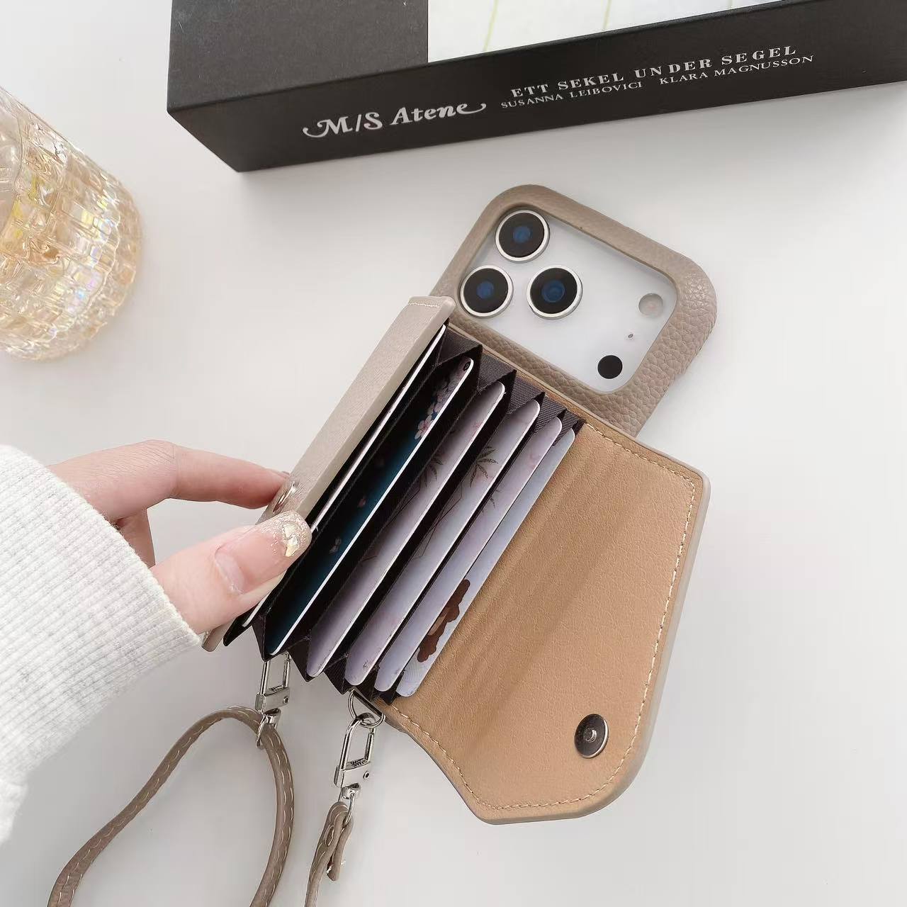 Leather iPhone Case With Card Holder And Strap Black-BC25025