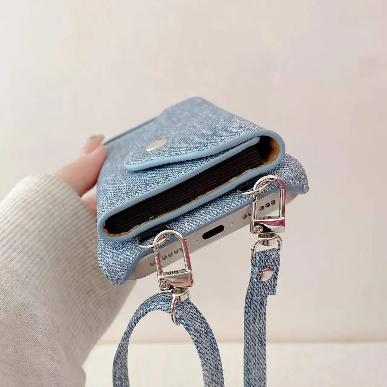 Fabric iPhone Case With Card Holder And Strap Blue-BC25029 Burycase