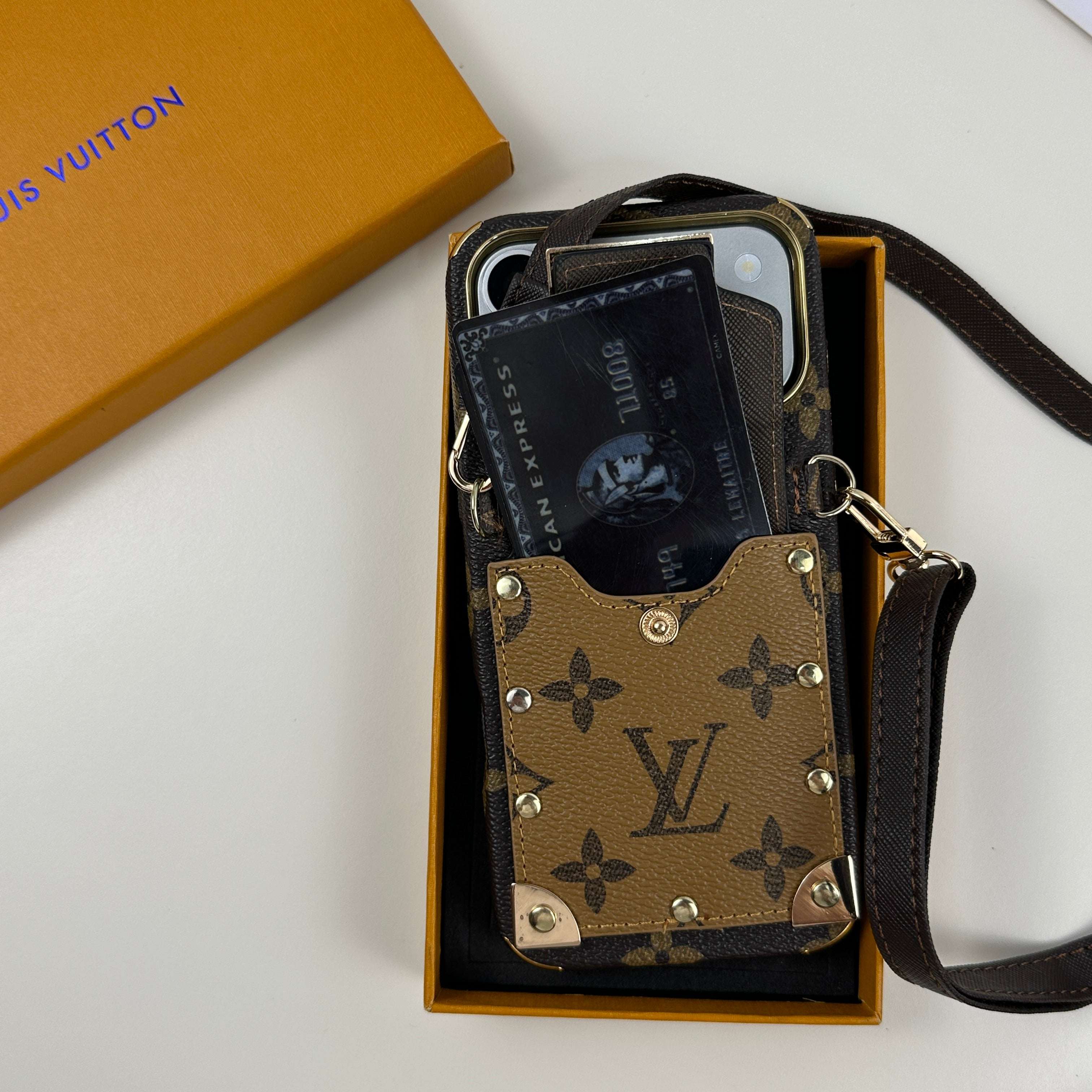 Elegant Leather Monogram iPhone Case With Wallet And Crossbody Strap For iPhone 17 Series Black-CYLV129